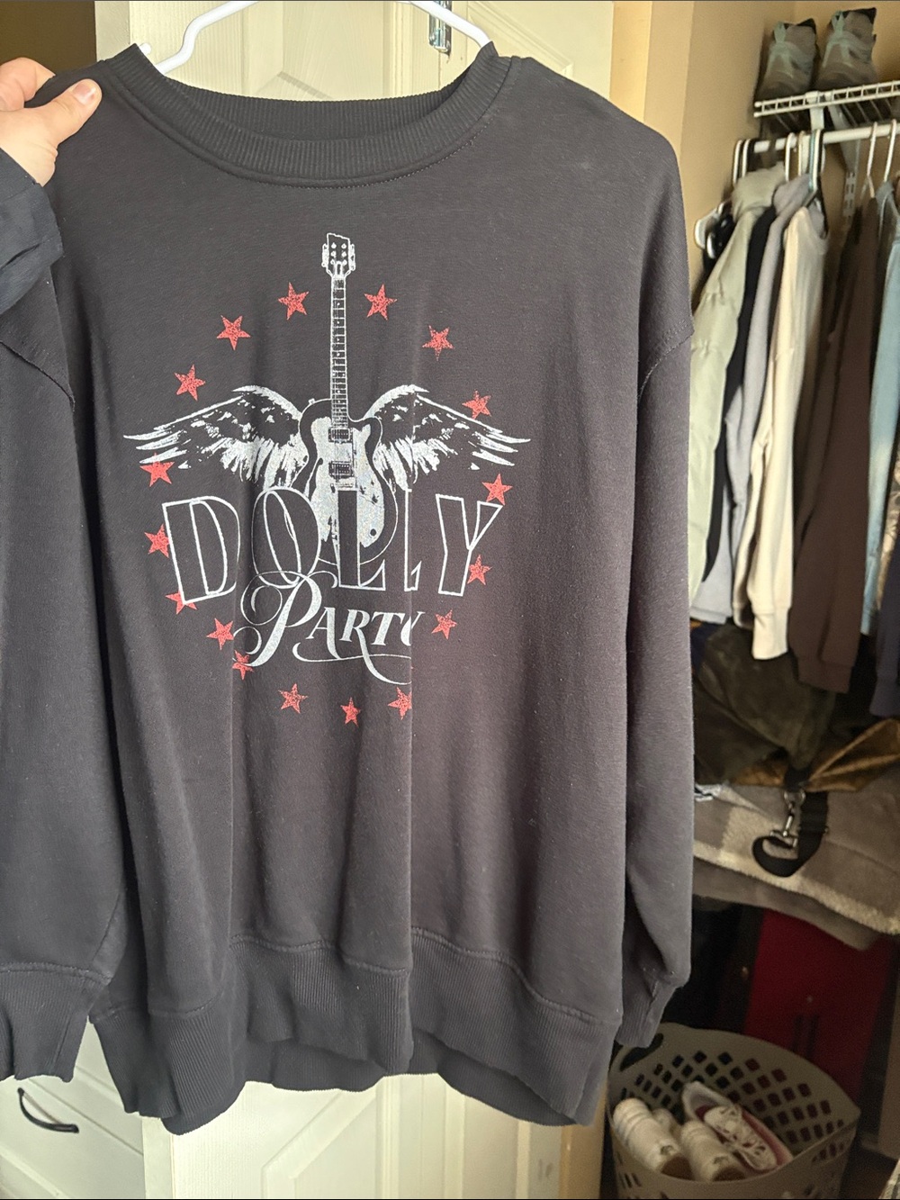 Terra & Sky Black Graphic Crewneck with Red Star Accents
